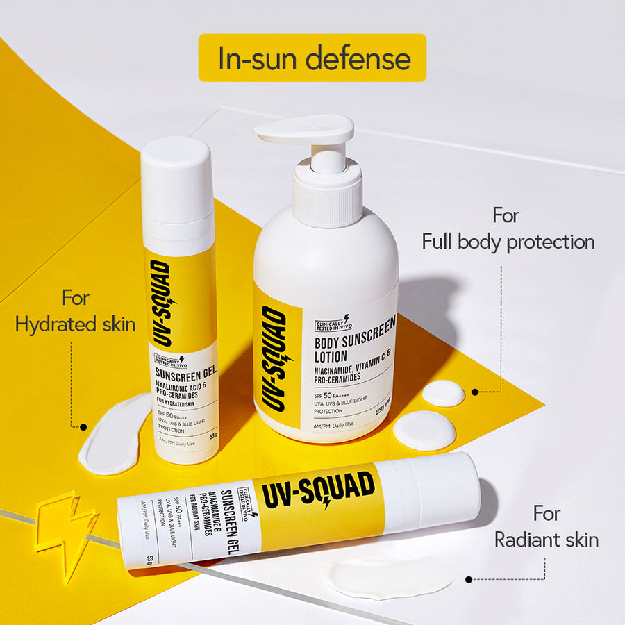 Sunscreen Gel Hyaluronic Acid & Pro-Ceramides + Body Sunscreen Lotion SPF 50 PA++++ Combo